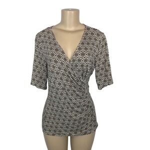 Dana Buchman Faux Wrap Top Size M Geometric Floral Print Surplice V-Neck Ruched